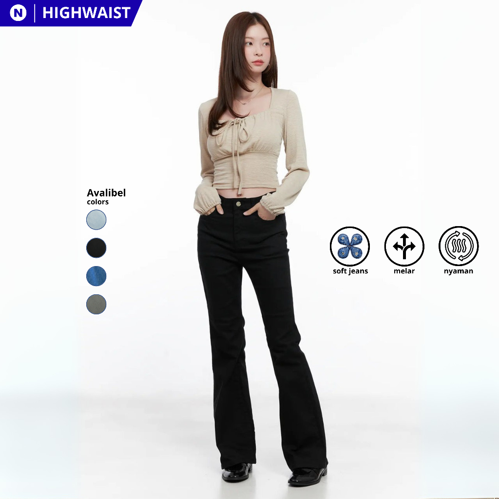 Highwaist Cutbray Jeans Wanita Hitam Elastis - Celana Panjang Cewek Denim Cutbray Nyaman Melar