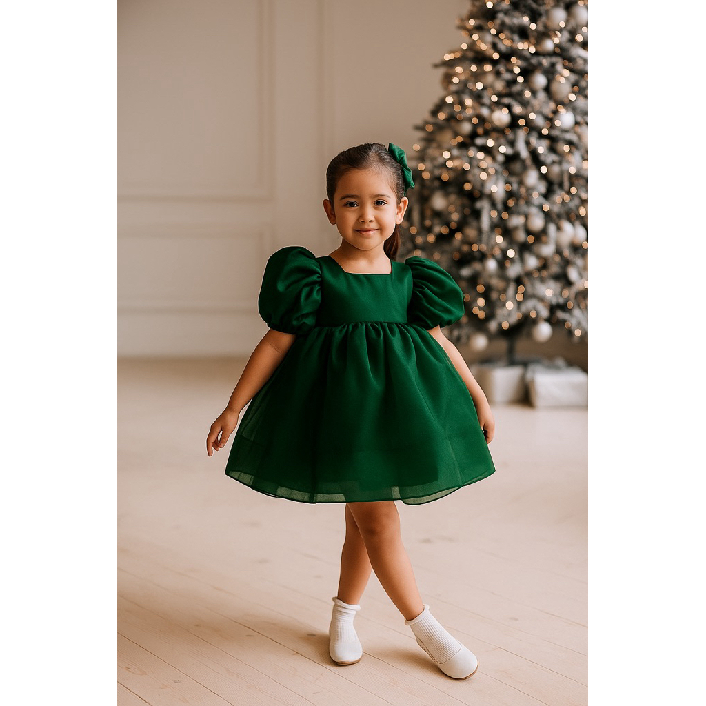 Gaun Anak Perempuan Organza Fashion dengan Lengan Puff dan Rok Berkerut untuk Acara Spesial