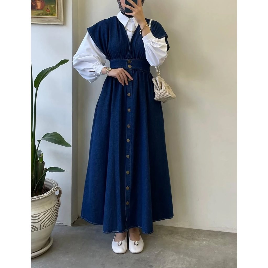 Gamis Kekinian Clara Denim Set WD Bahna Kemeja Toyobo Mix Dress Jeans Premium LD 100-120 cm PJ 125 c