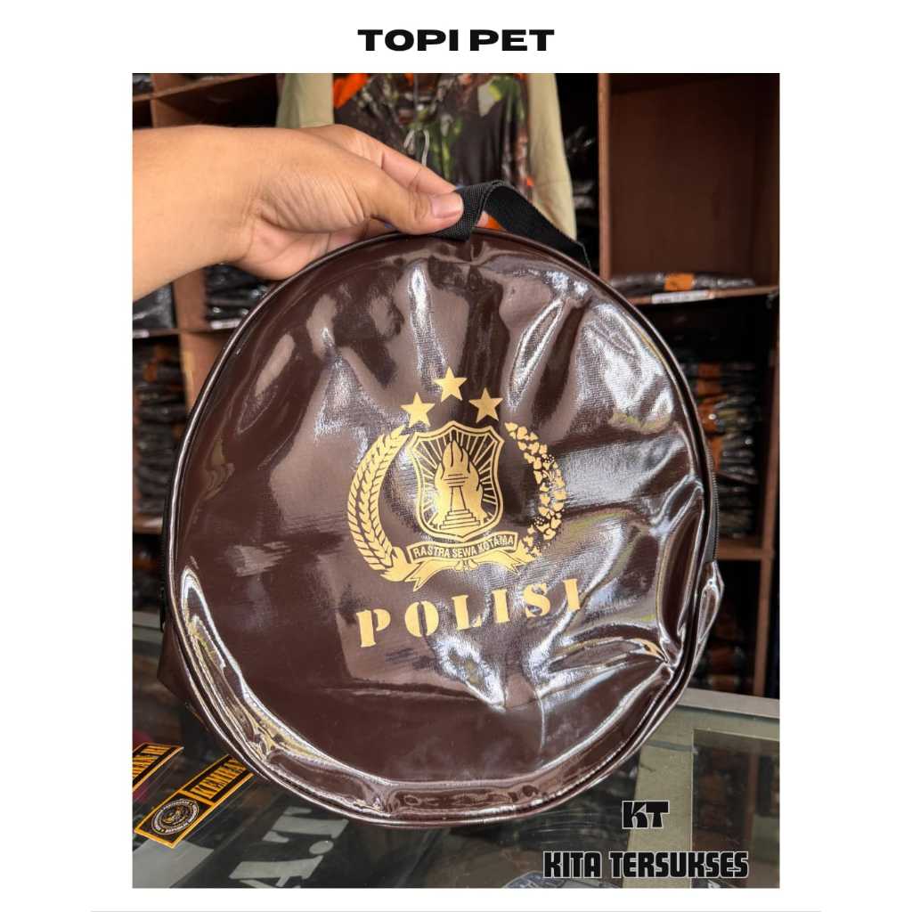Tas topi Pet logo Polisi coklat/Sarung Pet Polri pria/tempat topi logo tribrata
