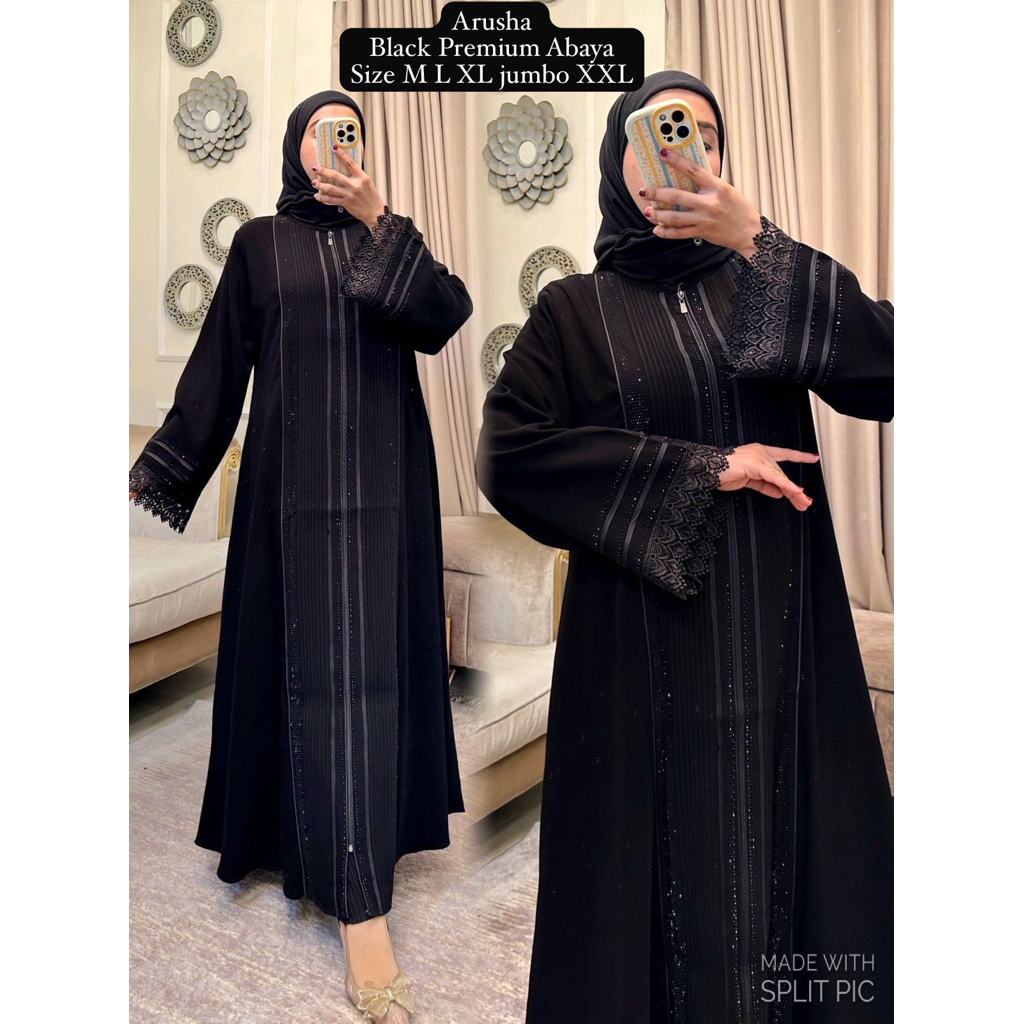 Abaya Atikah Black Premium Jetblack Premium Grade Aplikasi Renda Kain Embos Motif Abaya Arab Gamis B