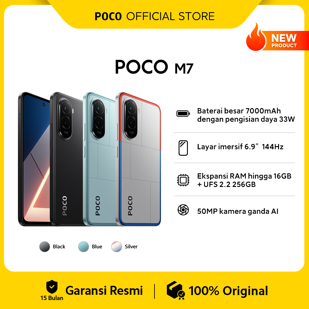 POCO M7 (8GB/256GB) Baterai besar 7000mAh dengan pengisian daya 33W | Layar imersif 6.9" 144Hz | Eks