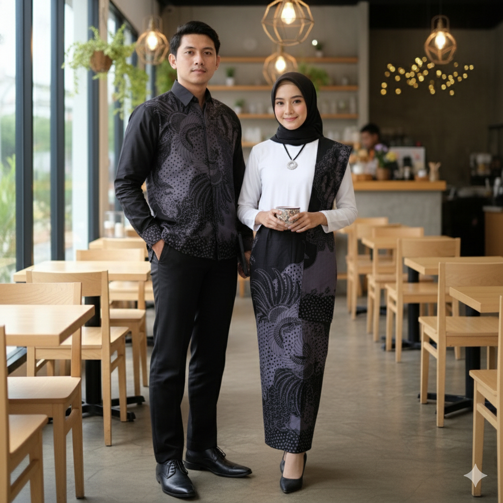 Galeri Batik Ardev - Couple Sarimbit Rok & Kemeja Slim Fit Warna Abu-abu Bahan Katun Motif Astunkara