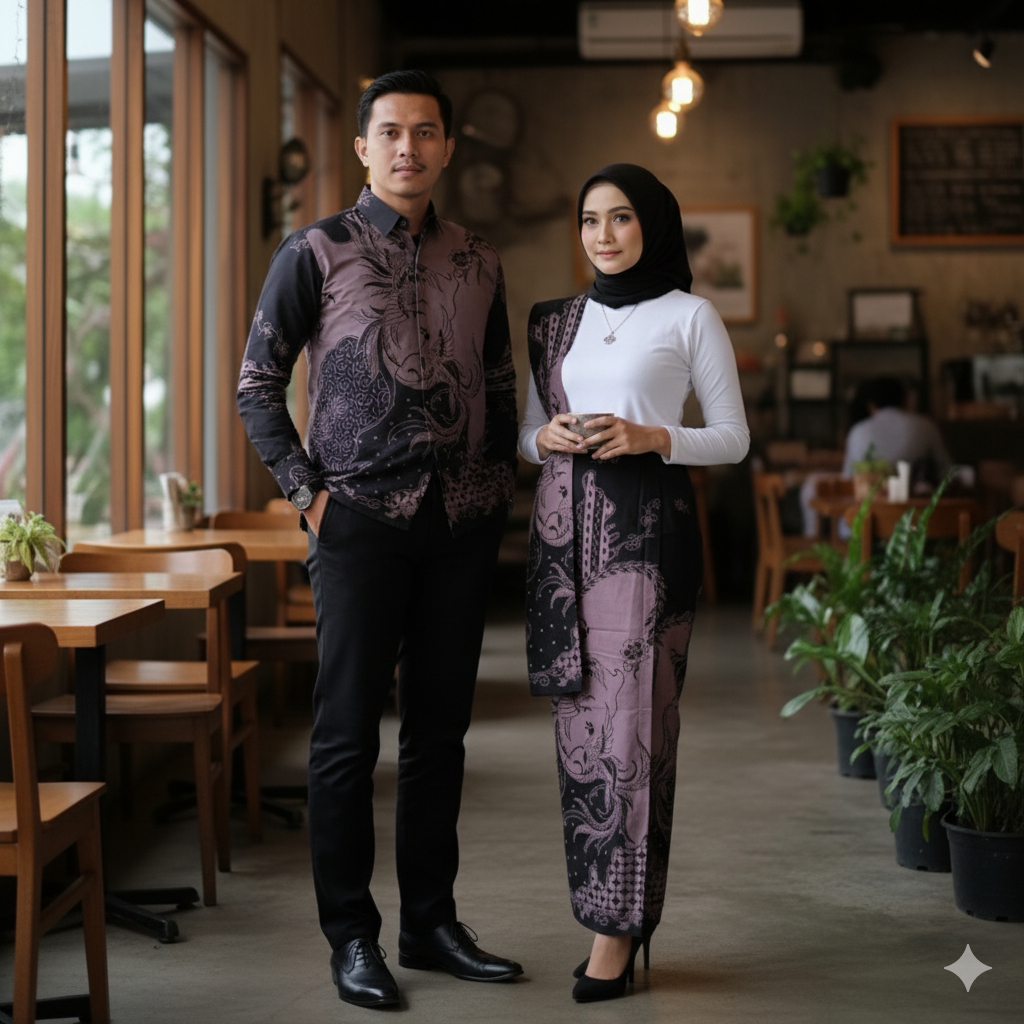 Galeri Batik Ardev - Couple Sarimbit Rok & Kemeja Slim Fit Warna Ungu Bahan Katun Motif Kusumalaya