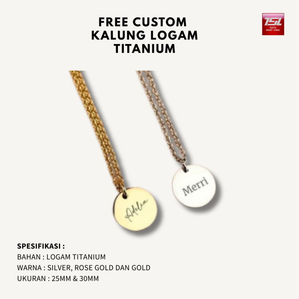 TUTU Kalung Titanium Custom Ukir Nama Logo Liontin Necklace Grafir Wanita Pria