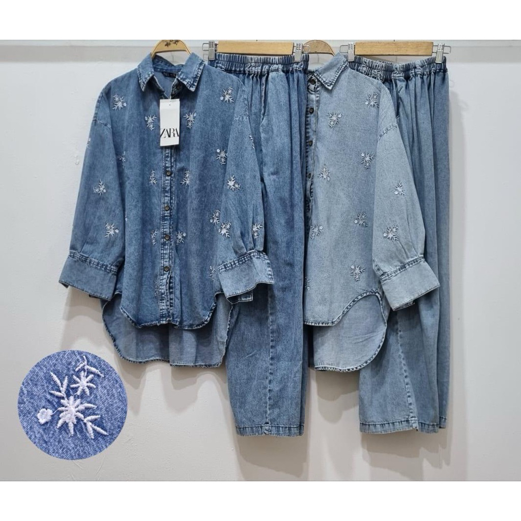 Setelan Kemeja Zara / Jeans Bordir / Set Kemeja Jeans Jumbo / Set Kemeja Wanita Terbaru / Set Kemeja