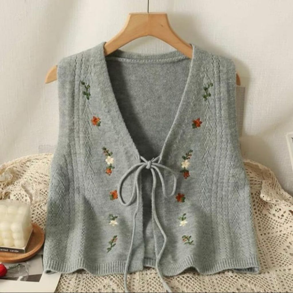 Vest Knit Bordir Wanita - Abu-abu