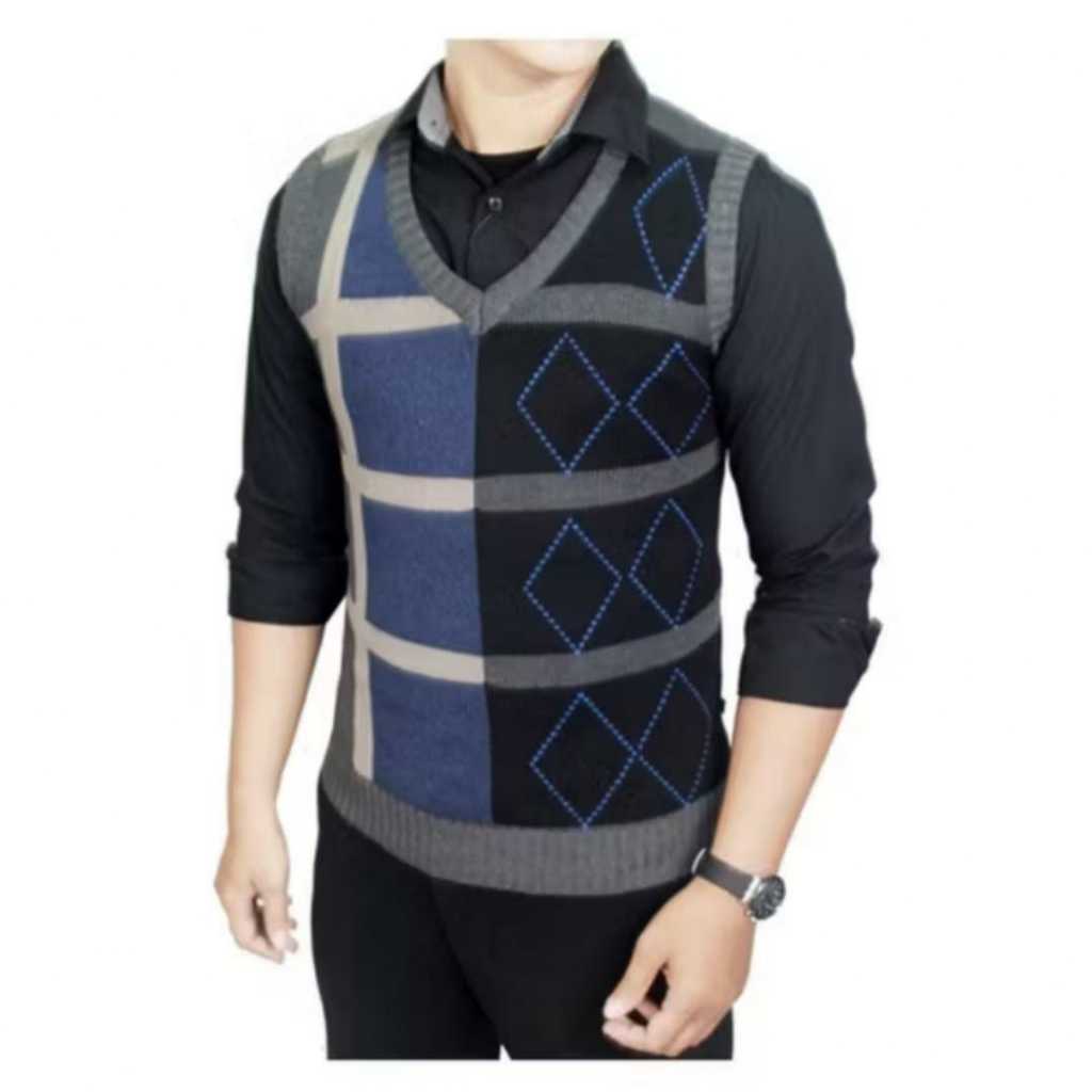 ROMPI RAJUT PRIA KOREAN STYLE  BAHAN TEBAL MOTIF WARNA KOMBINASI BIRU ABU TUA LENGAN PANJANG