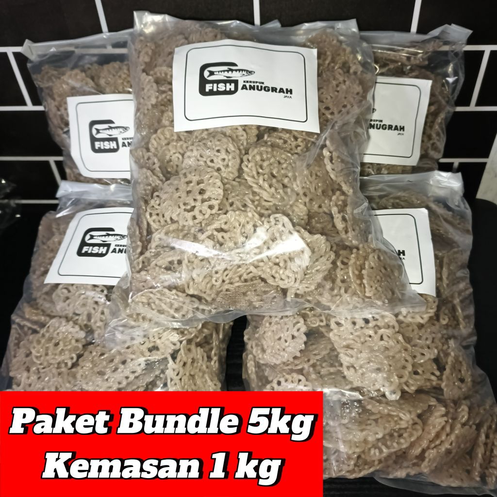 5 kg Kerupuk mentah ikan Tengiri / Paket Bundle 5kg Kemasan 1kg Kerupuk ikan Tengiri Motif Bunder