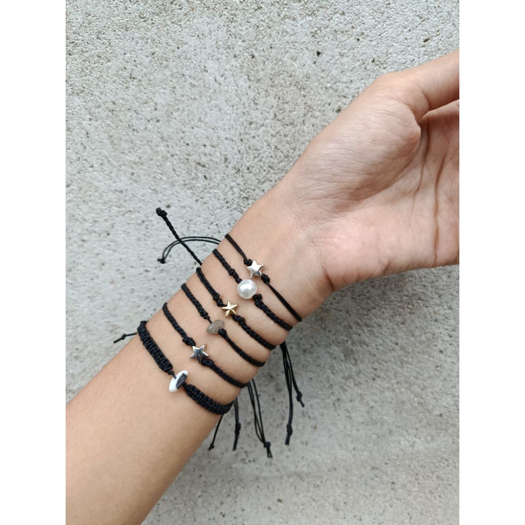 Gelang hitam tali serut/Mote bintang/batu/mutiara