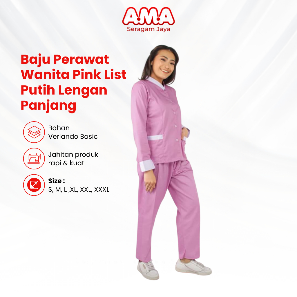 Baju Perawat Wanita Pink List Putih Lengan Kancing Depan Seragam Oka Jaga Medis Lengan Panjang