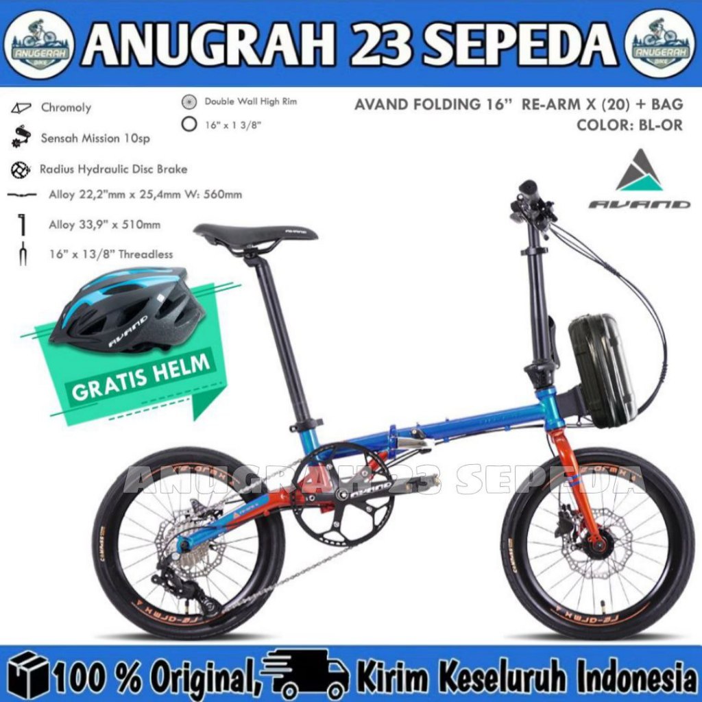 Sepeda Lipat 16 Inch AVAND RE ARM X Chromoly 10 Speed Hidrolik Jangkrik UNITED FREE HELM
