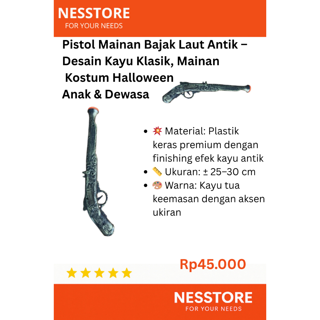 Pistol Mainan Bajak Laut Antik – Desain Kayu Klasik, Mainan Kostum Halloween Anak & Dewasa