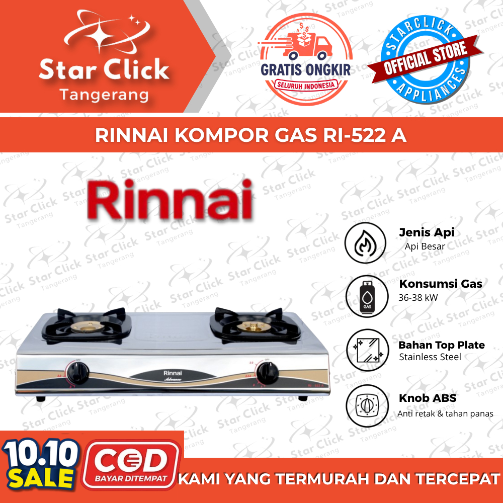 RINNAI KOMPOR GAS RI-522 A / RI 522 A / RI522A [GARANSI RESMI]
