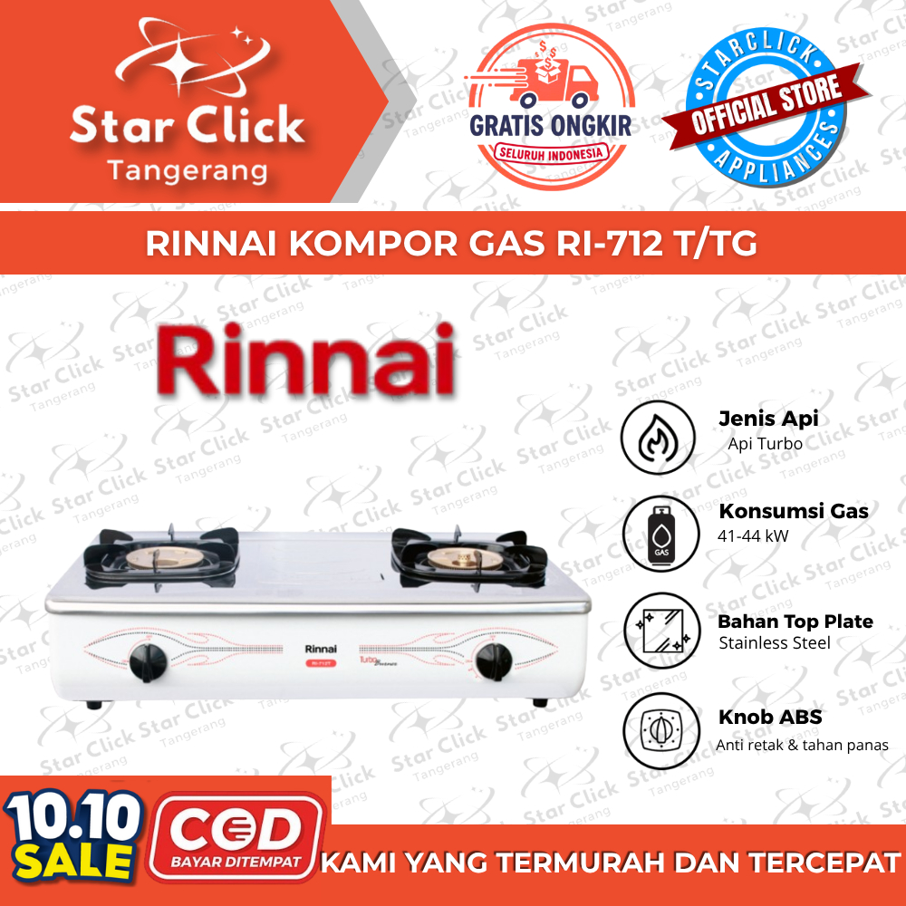 RINNAI Kompor Gas RI-712 T / RI 712 T / RI712T / RI 712 TG [2 Tungku] [Garansi Resmi]