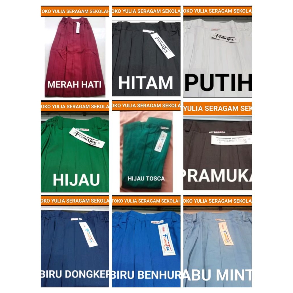SERAGAM SEKOLAH - MERK YULIA - ROK PLISKET PANJANG MERAH HATI/COKLAT/PUTIH/HITAM/HIJAU/HIJAU TOSCA/B