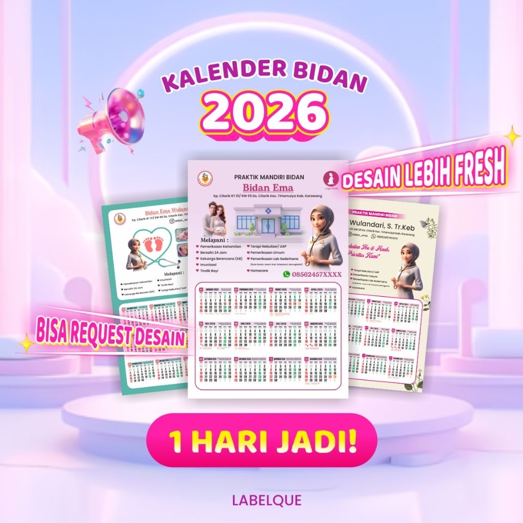 1 HARI JADI - Cetak Kalender Dinding Bidan 2026 Murah Bisa Custom Foto Kalender Kebidanan, Kesehatan