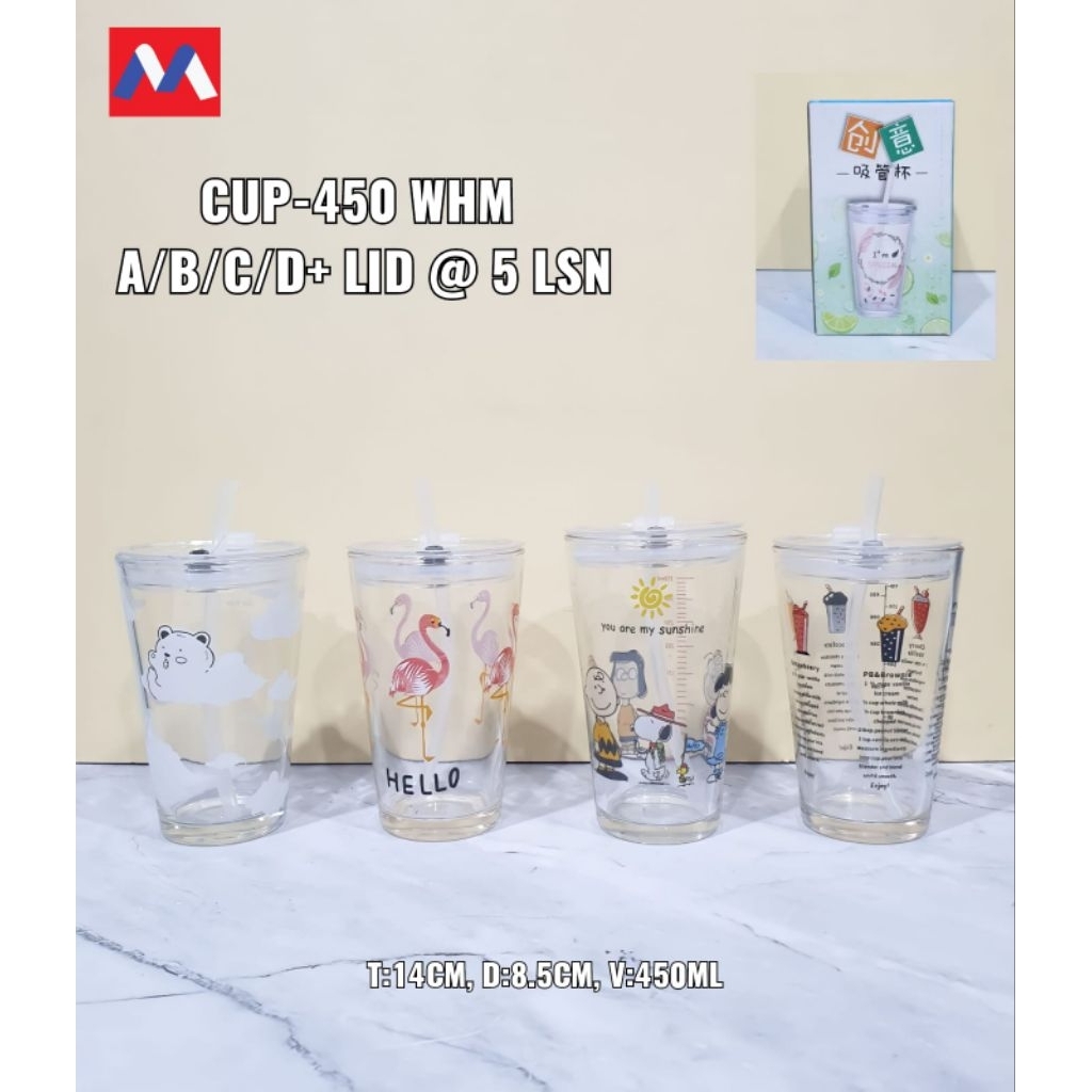 Gelas tumbler kaca aesthetic sedotan kaca 450ml / mug beling lucu estetik sedotkan kaca