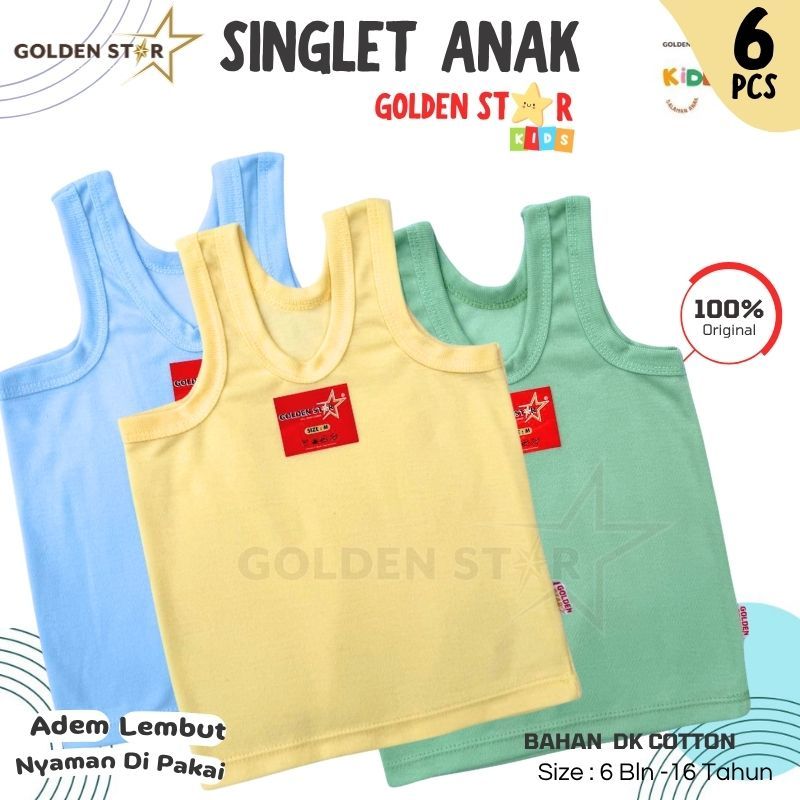 1 Lusin /6 PCS Singlet Kaos Dalam Anak umur 0 - Anak ABG Golden Star Warna - Singlet Kaos dalam SD S