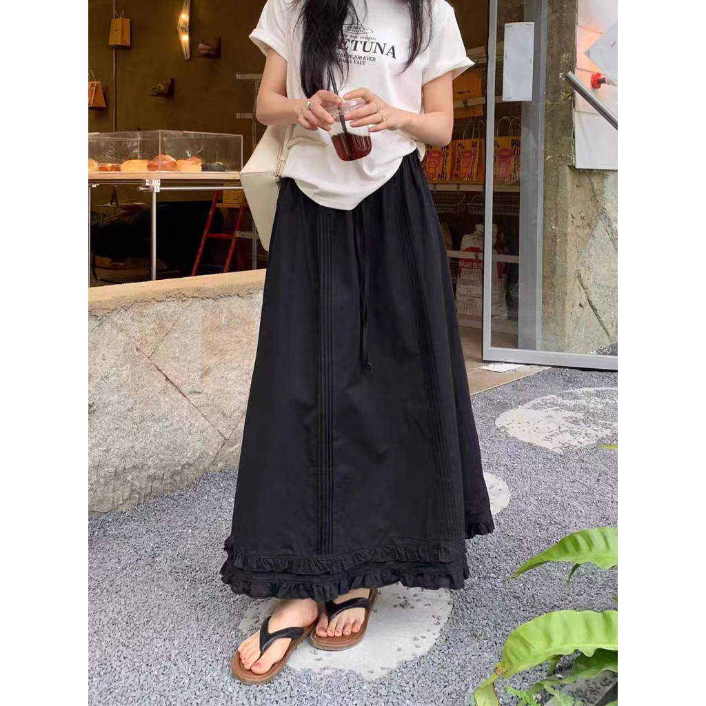 Nineties Studio - Rok hitam bawah renda / rok korea / rok panjang / rok hitam / rok katun / rok wani