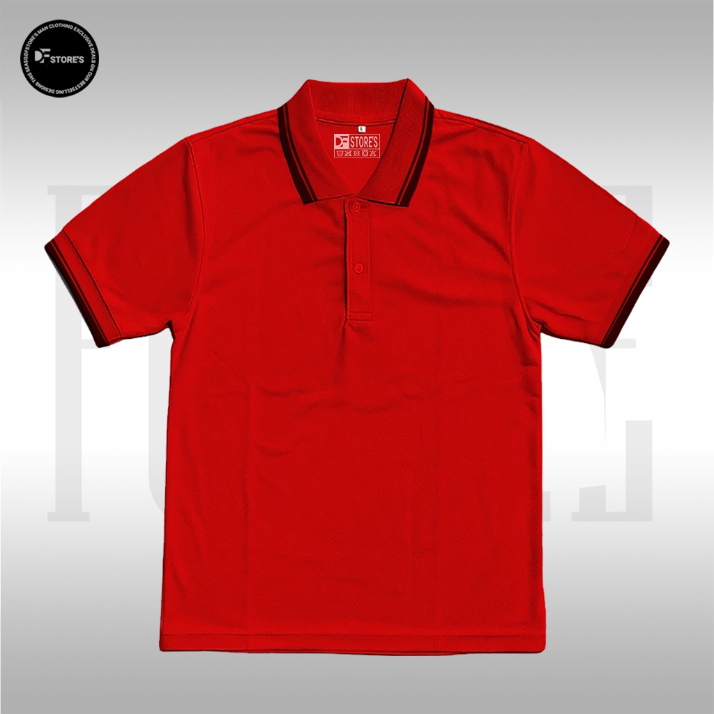 DFstore's Polo Shirt Polos List Hitam - Polo T-Shirt Kerah Keren Pria Wanita - Merah