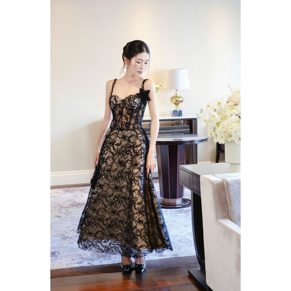 ‼️WITHEURSTYLE‼️LONG DRESS HIGH QUALITY MOTIF 3D FLOWER OLD MONEY VIBES GAUN PESTA AFTER PARTY BAJU 