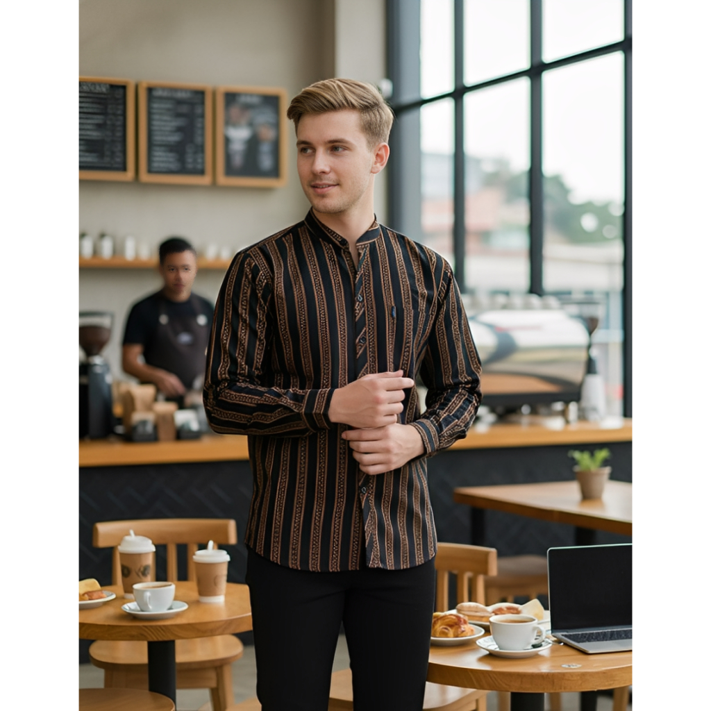 Baju Koko Lurik Surjan Pria Dewasa Lengan Panjang Kemko Etnik Modern Kerah Shanghai