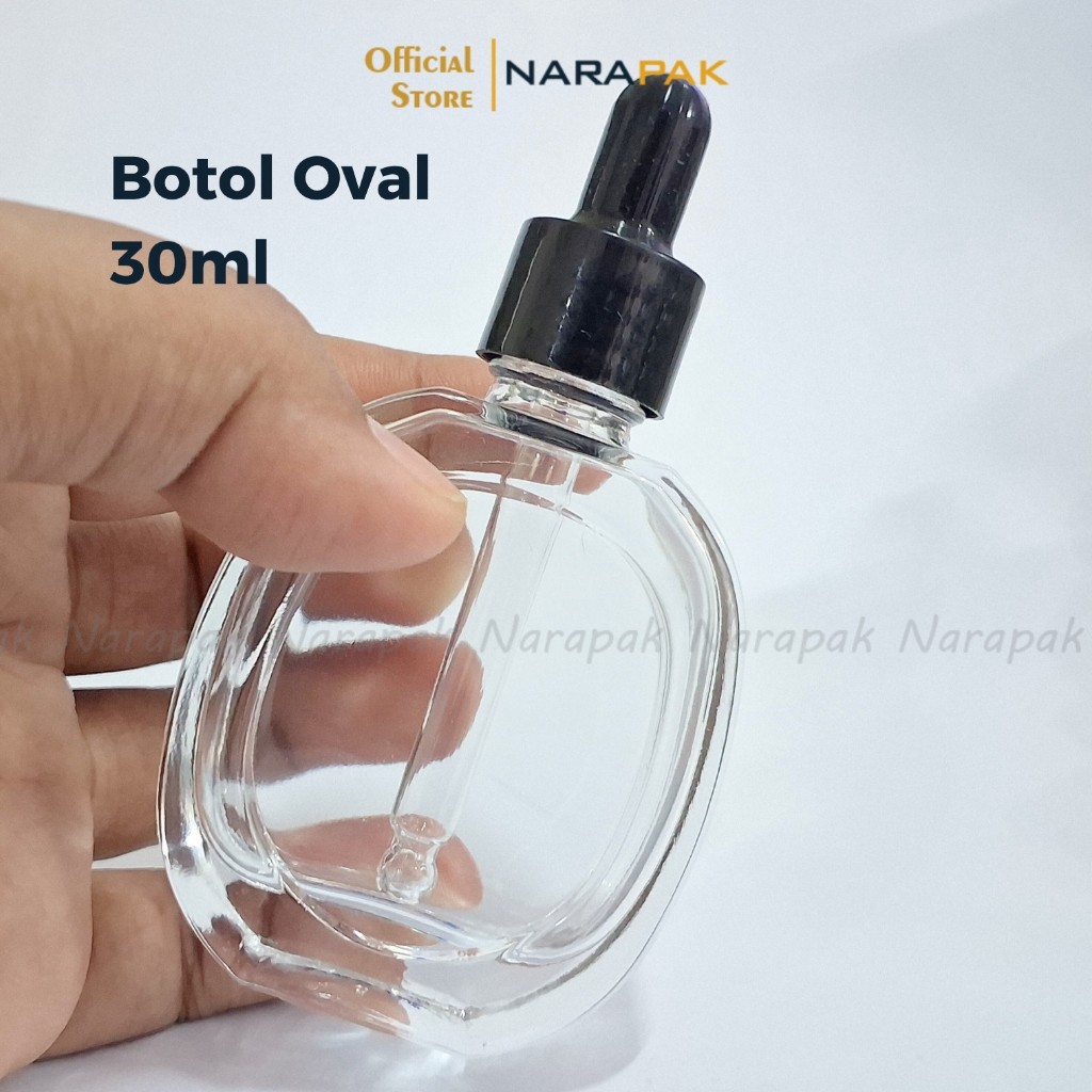 Botol Kaca 30ml Bentuk Oval Bening Pipih Tutup Hitam Unik Pipet Tetes Serum Skincare