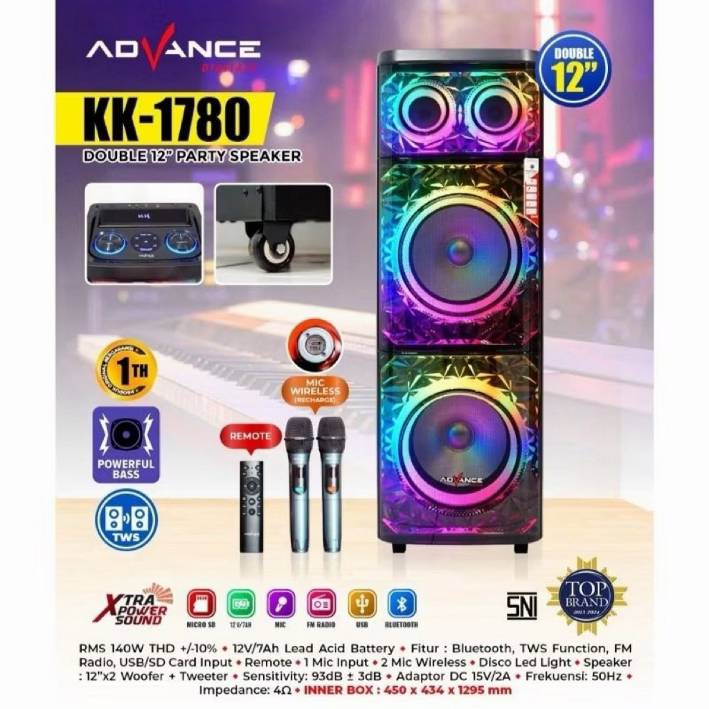 Speaker Advance 12 inch Party Double KK 1780 Portable Trolly