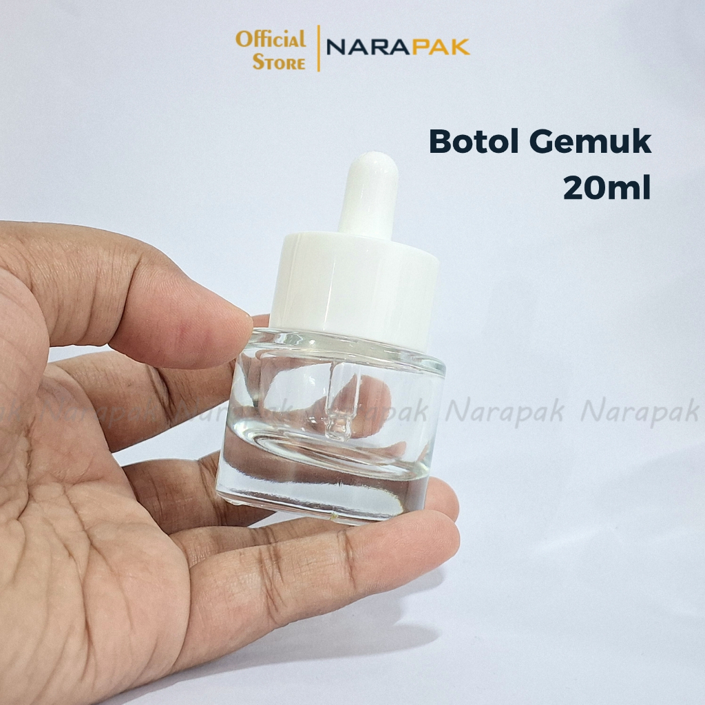 Botol Kaca 20ml Bulat Gemuk Kaca TEBAL Botol Pipet Serum Skincare Tutup Putih Besar