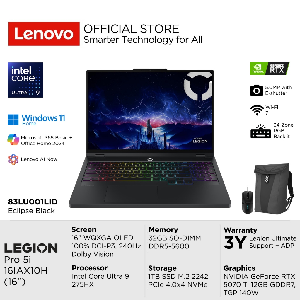 Lenovo Legion Pro 5i 16IAX10H 1LID Intel Core Ultra 9 275HX, NVIDIA RTX 5070 Ti 12GB, RAM 32GB, SSD 