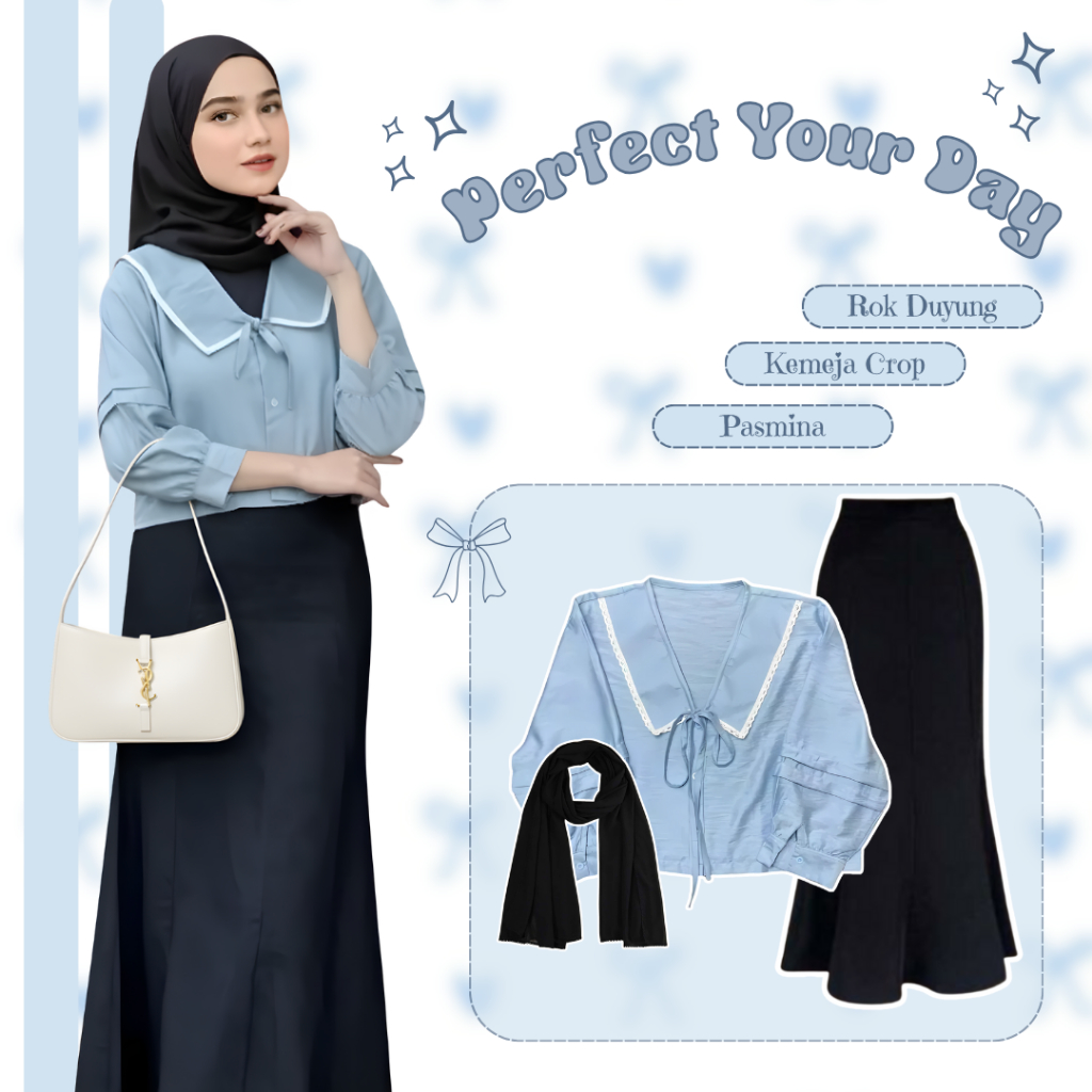 One Set OOTD Hijab Style (KEMEJA CROP TOP RIRI | ROK DUYUNG SCUBA | PASMINA) Ootd Simple Outfit - SW