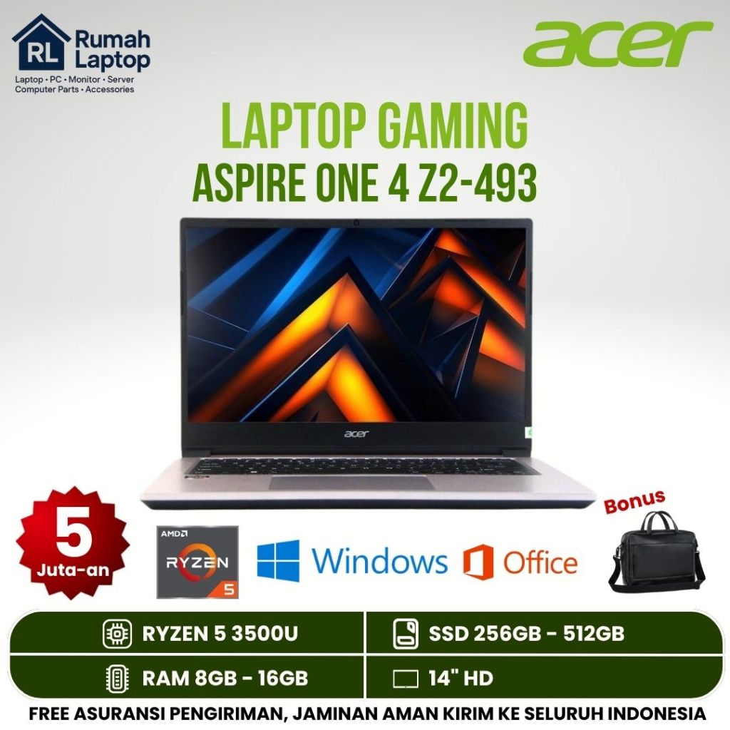 Laptop Acer One 14 Z2-493 Ryzen 5 Ram 16Gb Ssd 256GB / 512GB 14" Vga Amd Radeon Vega8 Murah Baru