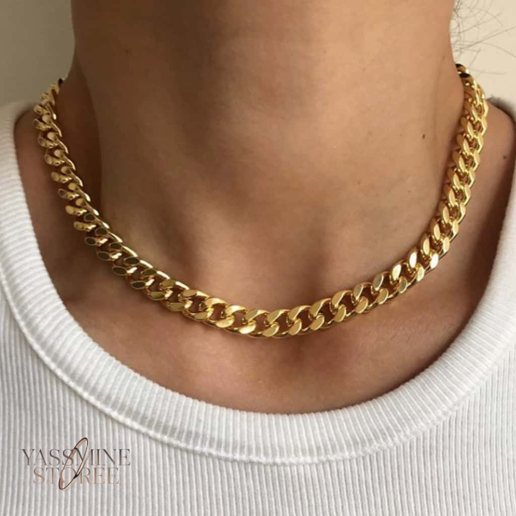 Kalung Titanium Emas Pria Wanita – Cuban Chain Tebal Anti Karat Tahan Air Trend Korea