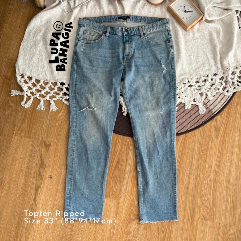 TOPTEN Blue Ripped Unfinished Jeans Slimfit Strecth Long Pants size fit 33" • 100% Original (Celana 