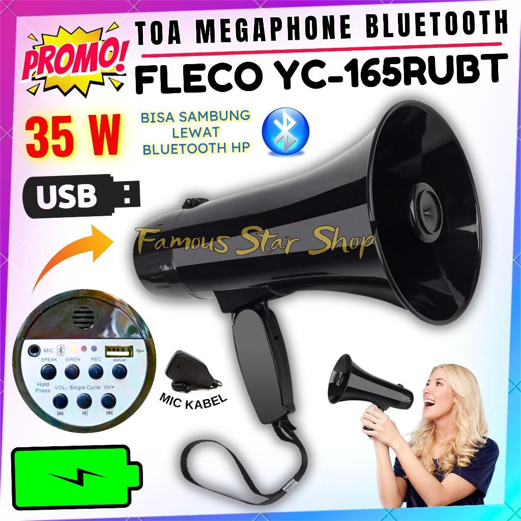 Toa Megaphone Fleco Yc-165RUBT Alat Pengeras Suara USB Listrik Megaphone Toa Fleco YC-165RUBT Rechar