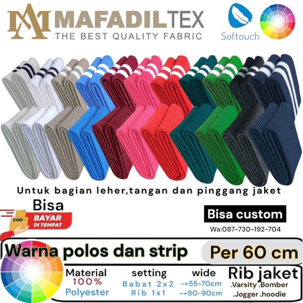 Kain rib/bur 1x1 babat 2x2  warna polos dan strip polyester pe30s rib jaket leher tangan pinggang