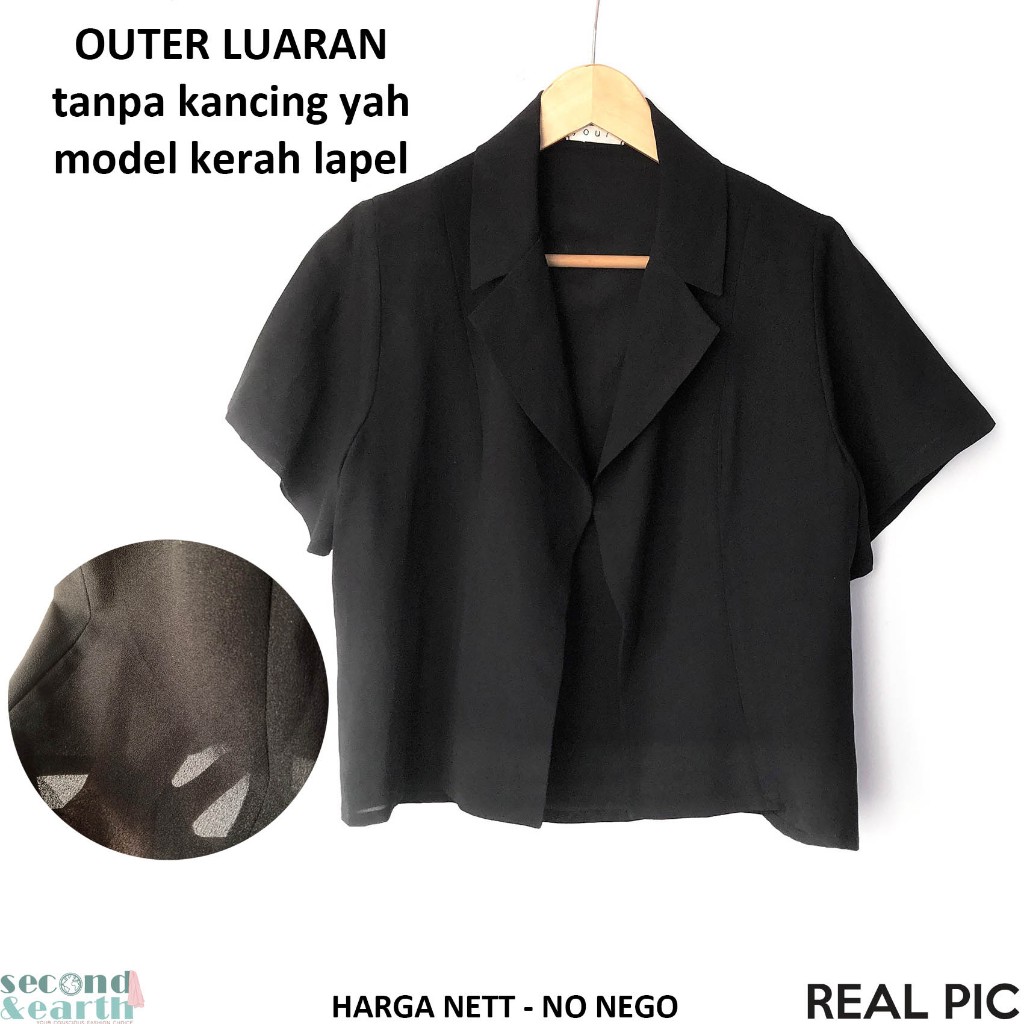 LIKE NEW Yours Outer Basic Tipis Lengan Pendek [Freesize fits S-L] Kerah Lapel Hitam Polos Sifon Cer