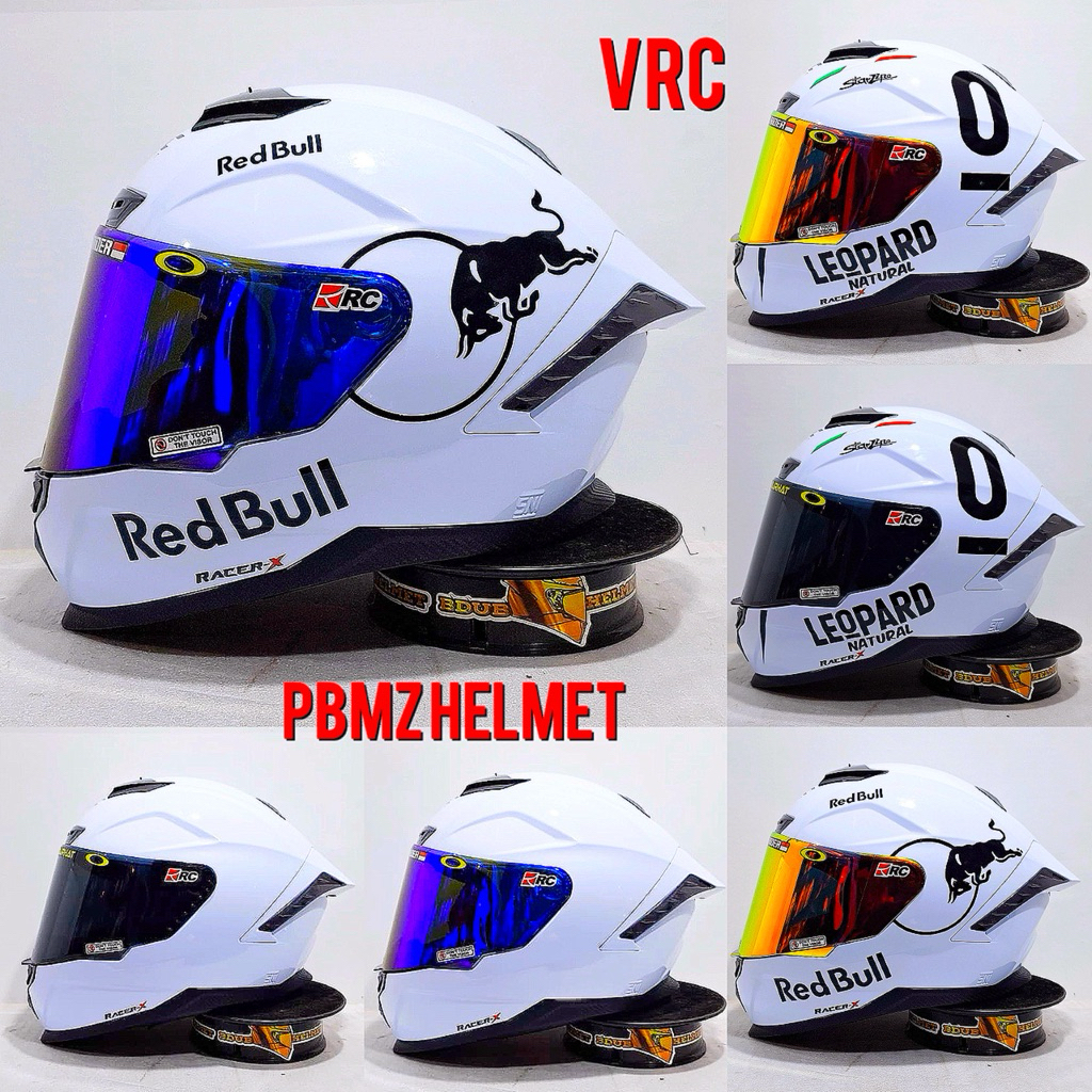 Helm full face Vrc White stiker Redbull/ Leopard paket ganteng spoiler 3D