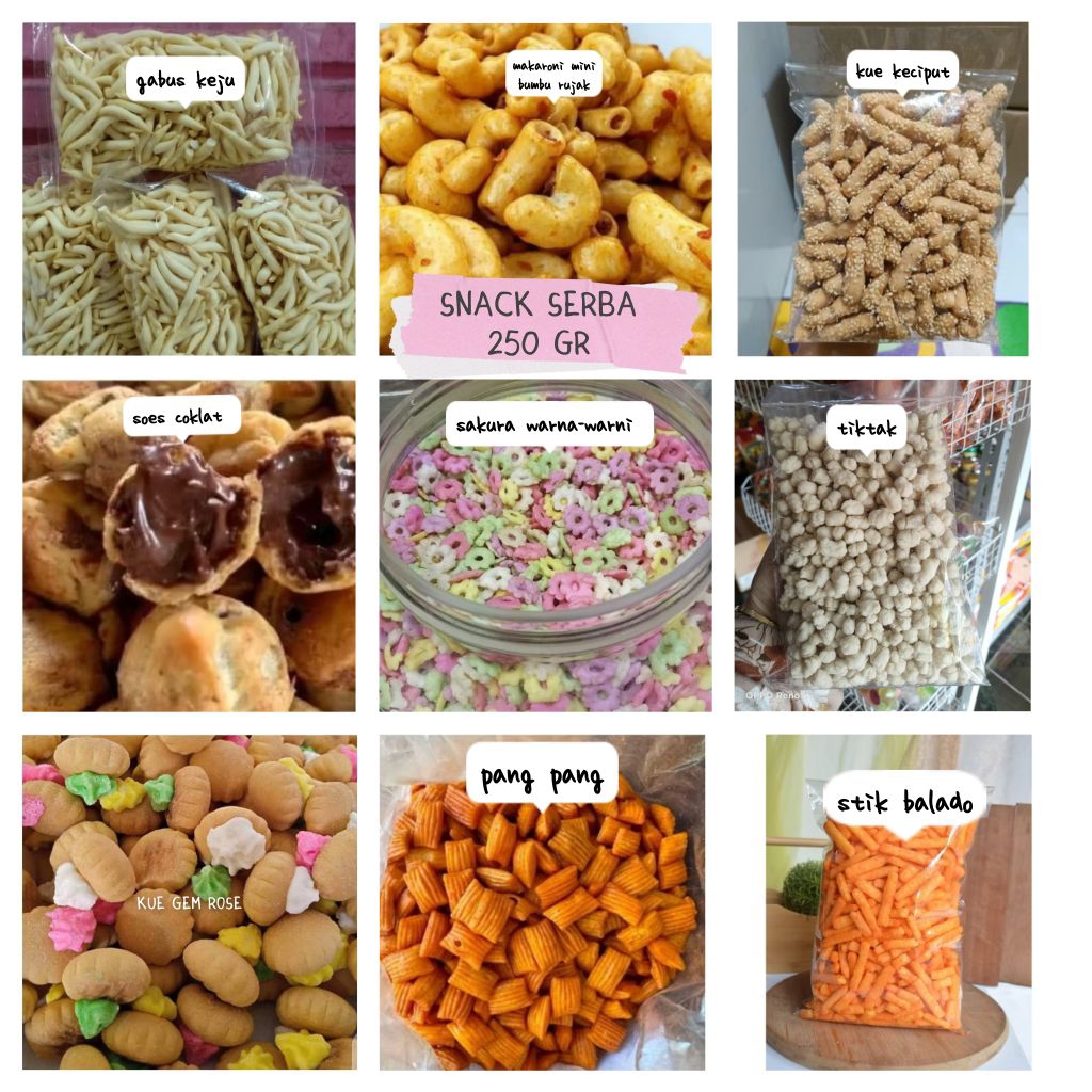 250 gr aneka makanan ringan/Snack kiloan enak murah bandung harga grosir gabus keju/stik balado/gem 