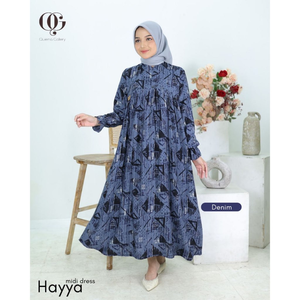 Midi Dress Rayon Premium Motif Segitiga Midi Kekinian Busui Friendly dan Wudhu Friendly Hayya Midi D