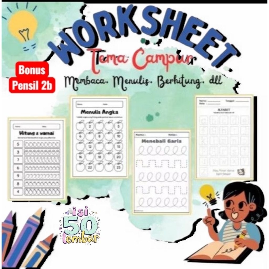 50 lembar worksheet/Lembar kerja anak/anak TK/Anak SD bonus pensil 2b
