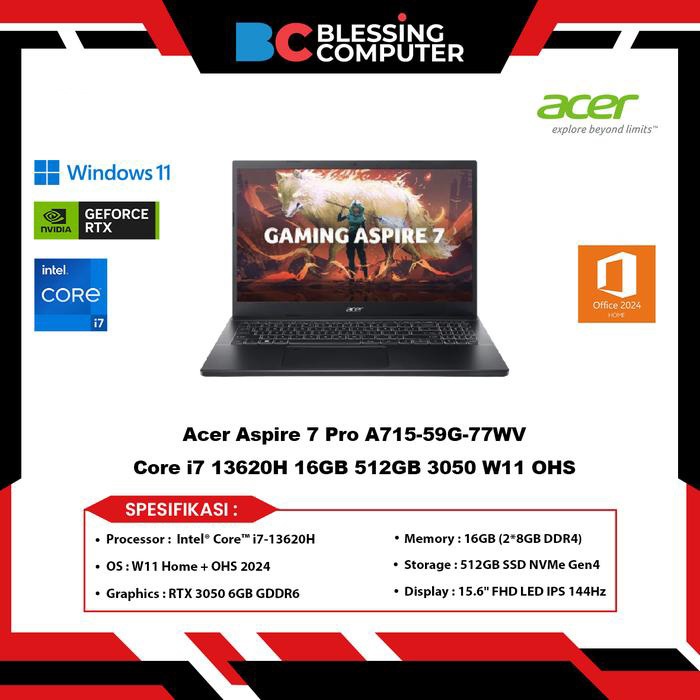 Acer Aspire 7 Pro A71559G 77WV Core i7 13620H 16GB 512GB 3050 W11 OHS