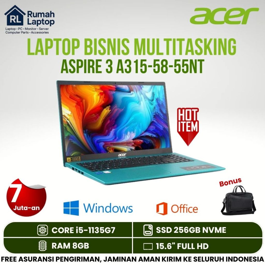 Promo Laptop Acer Aspire 3 A315 - 55NT Core i5-1135g7 Ram 8Gb Ssd 256Gb Layar 15.6" Fhd -  Blue