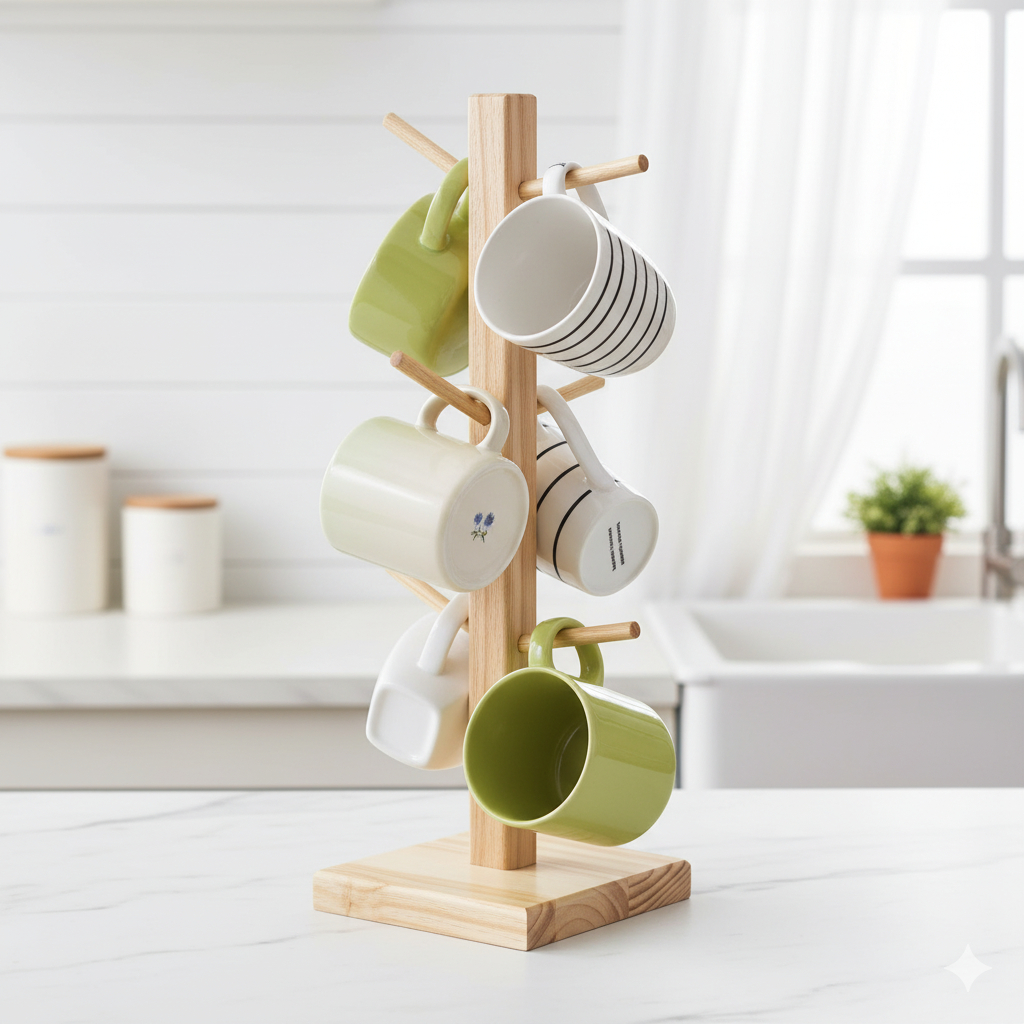 Rak Cantolan Gelas Gantung Kayu Serbaguna | Gantungan Mug, Cup, Cangkir | Rak Dapur Estetik & Organi
