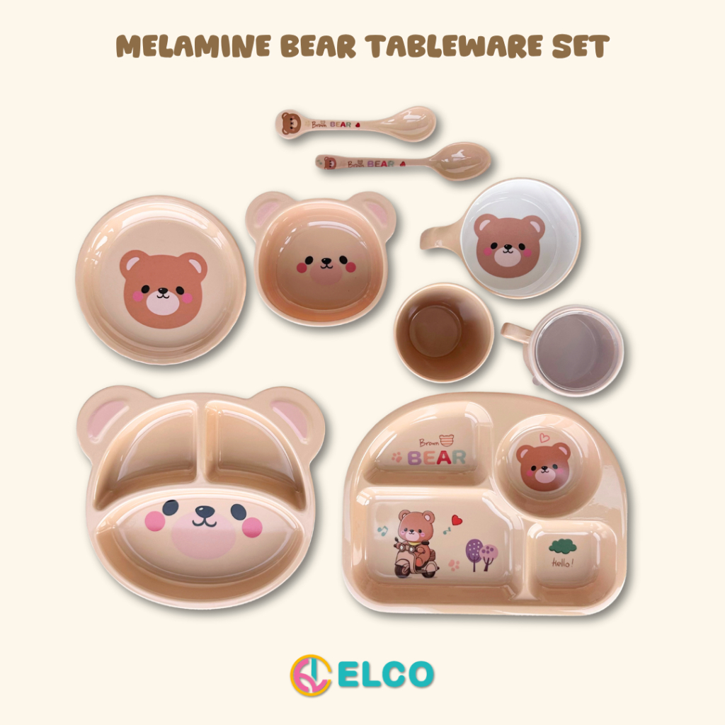 ELCO Premium Melamine Bear kids tableware set plate bowl cup spoon / alat makan anak premium melamin