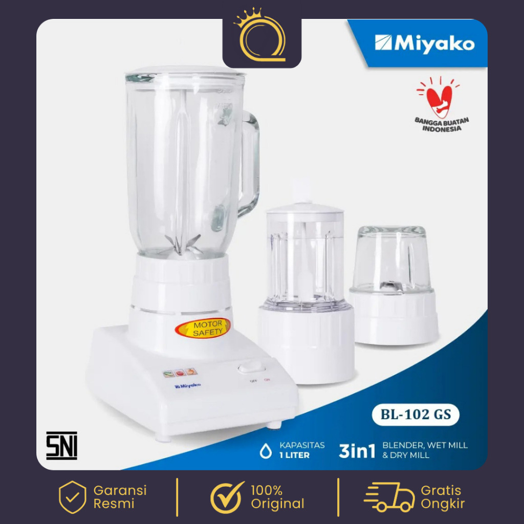 Miyako Blender Kaca 1 Liter BL-102 GS Blender 3in1 Pelumat Buah Sayur & Bumbu