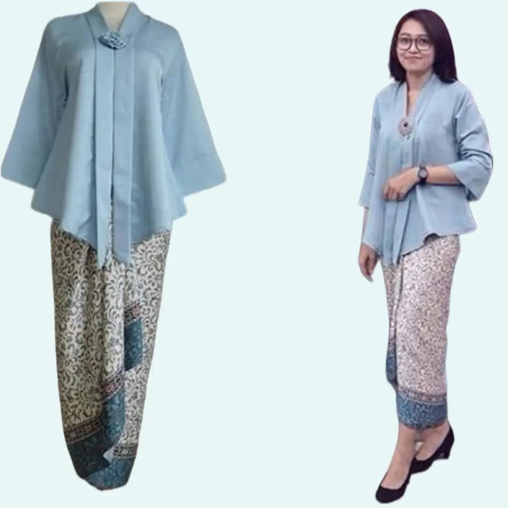 Setelan Kebaya Wanita Model Floy Kutu Baru Bahan Katun Warna Baby Blue