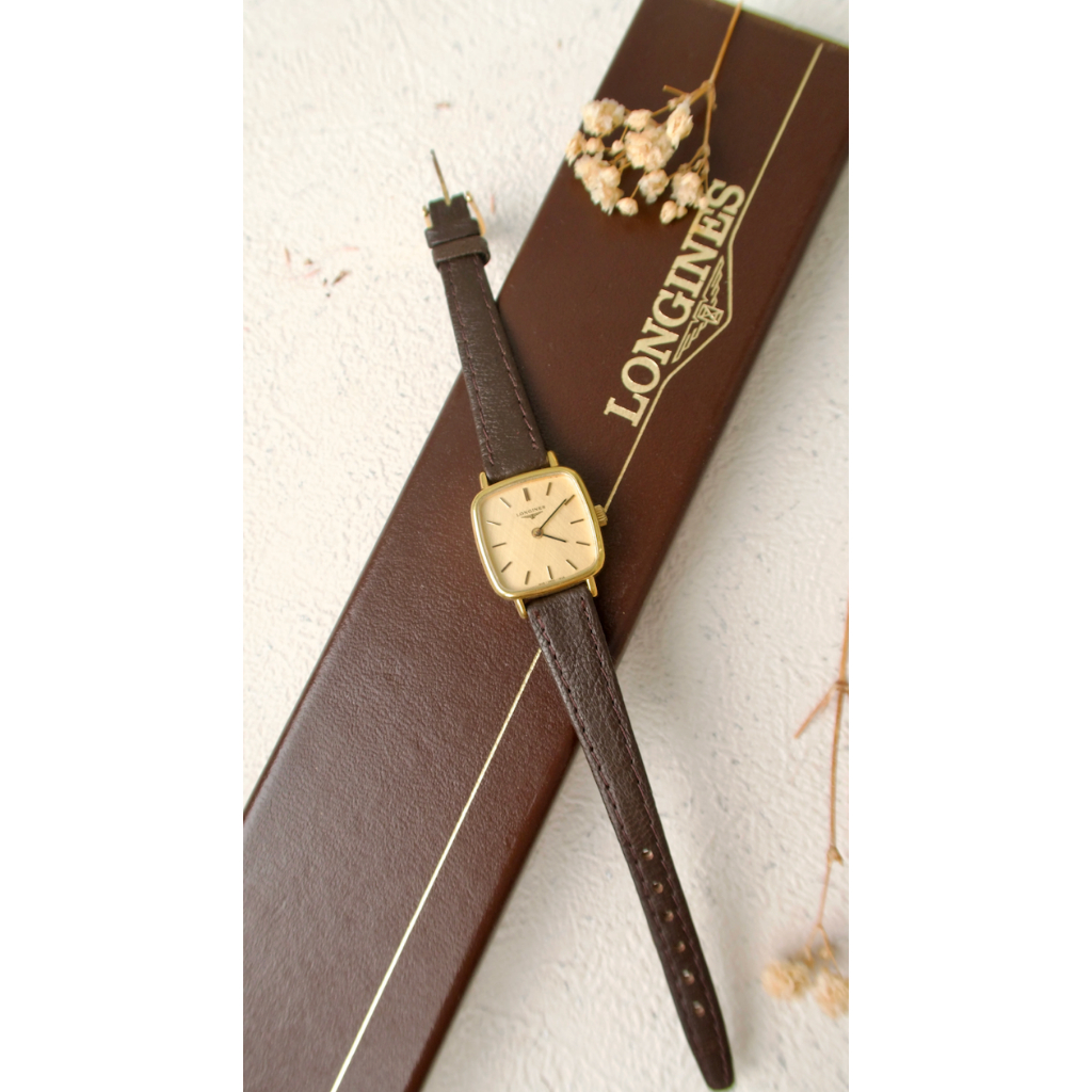 Jam Tangan Wanita Vintage Watch Longines Gold Square Dial Brown Strap with Original Box Autentik Pre