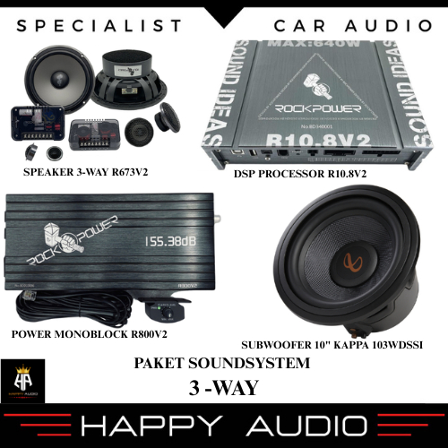 Paket Soundsystem 3-way Audio mobil Speaker 3-way + Subwoofer Pasif + Power Monoblock + DSP Processo
